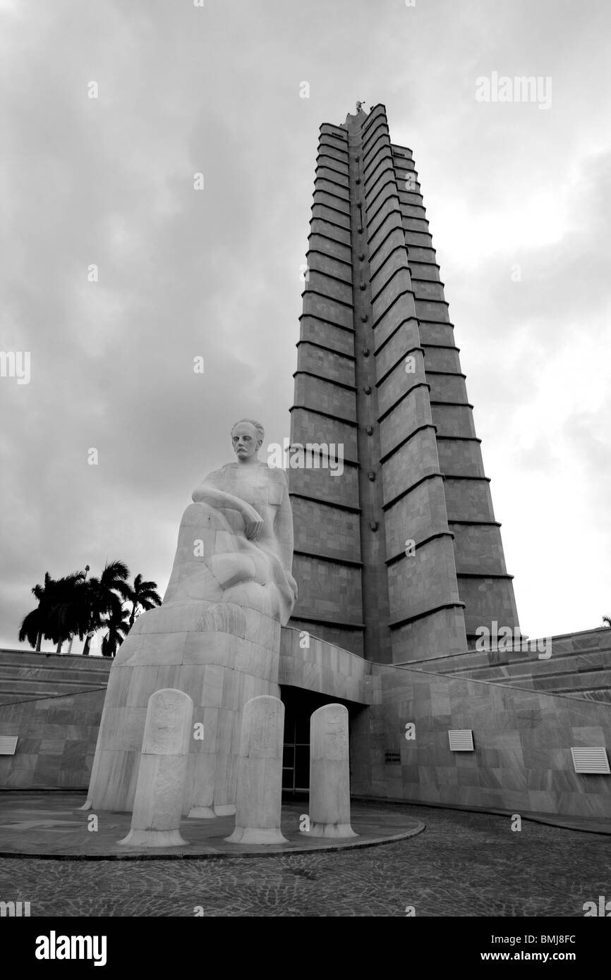 Plaza de la Revolución statue of Josi Marti Memorial and lookout in black and white in Havana Cuba Stock Photo