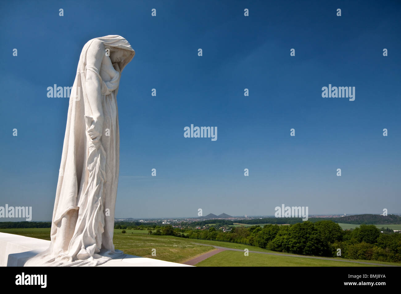 Statue representing a mourning Canada at the Vimy Ridge Canadian Memorial in France overlooking the Douai Plain Stock Photo
