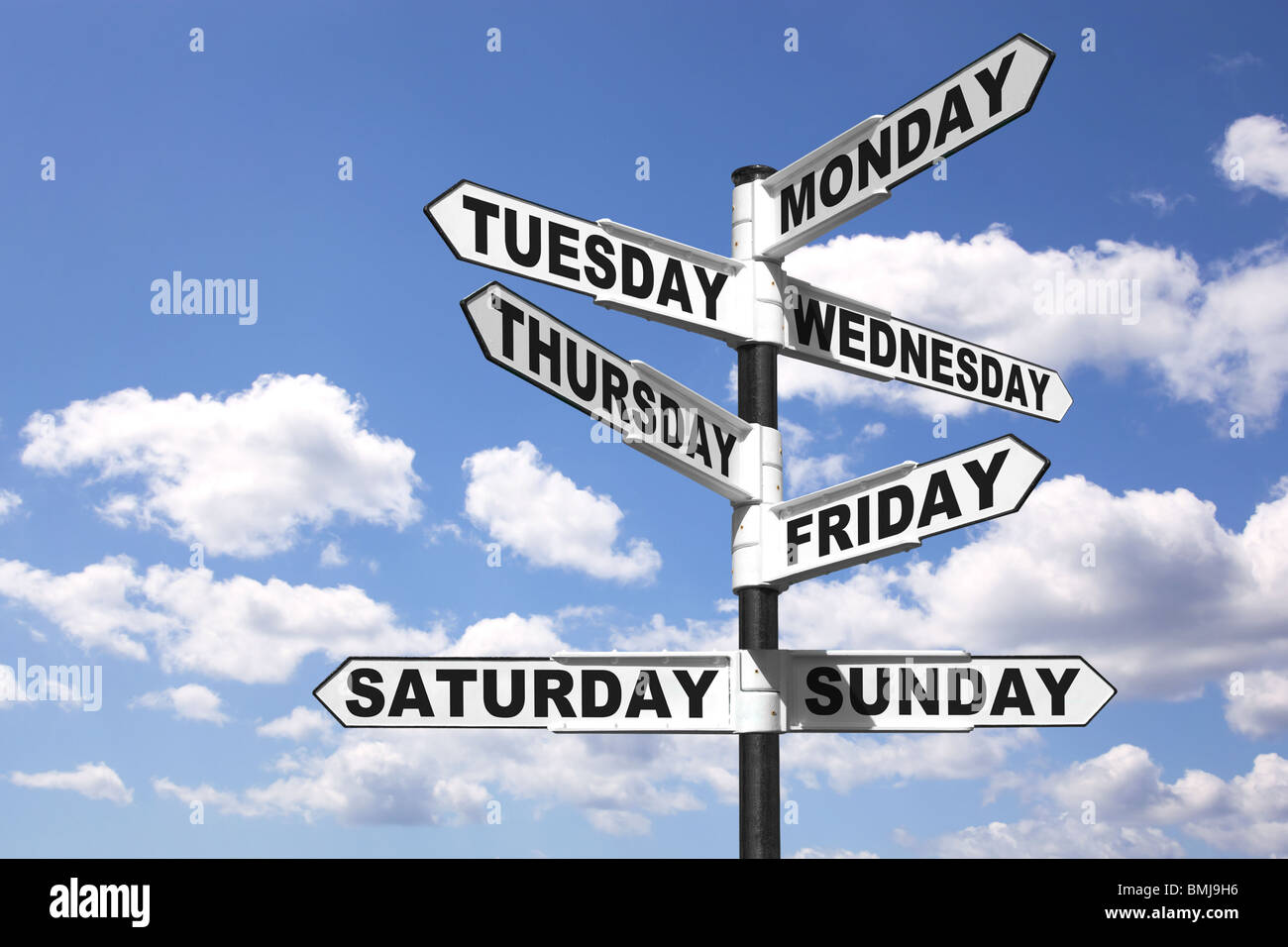 Signpost showing the seven days of the week Stock Photo