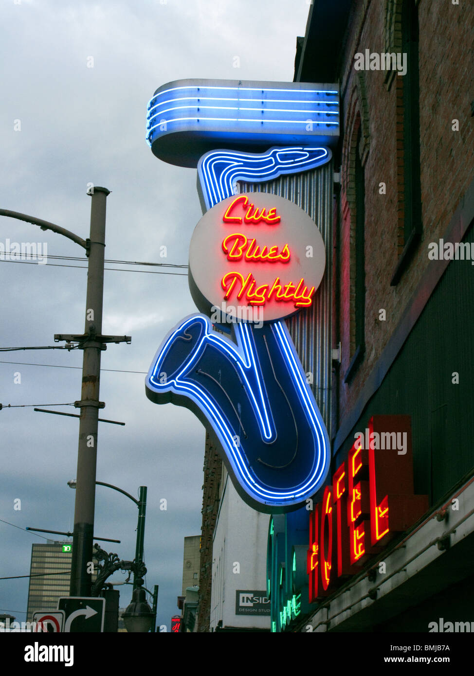 Jazz Neon Sign In Front Of The Yale Hotel On Granville Street, Vancouver Stock Photo