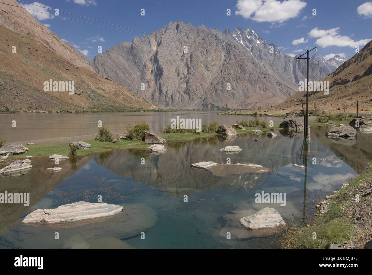 Gunt River flowing through mountainous landscape, Khorog,Tajikistan Stock Photo