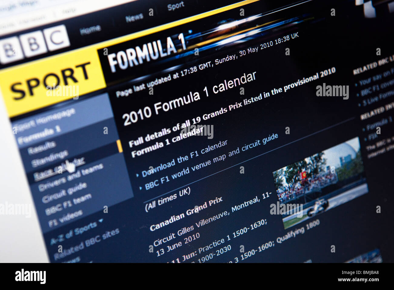 Close up of a computer monitor / screen showing the BBC Sport Formula One website Stock Photo