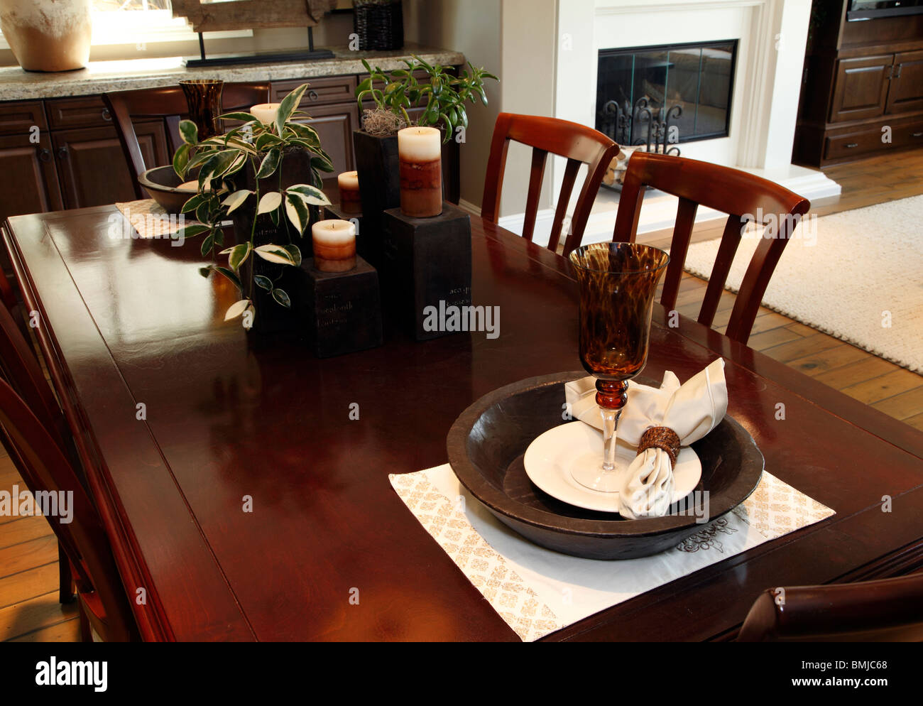 Luxury home dining table with exquisite tableware and decor Stock Photo