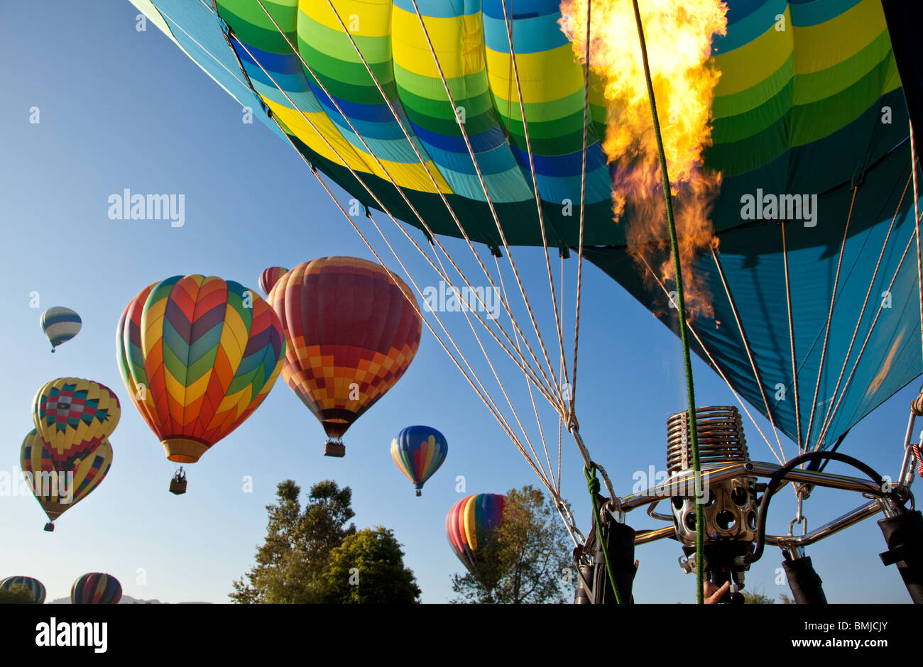Pilot hits burner to inflate hot air balloon as balloons fill the sky ...