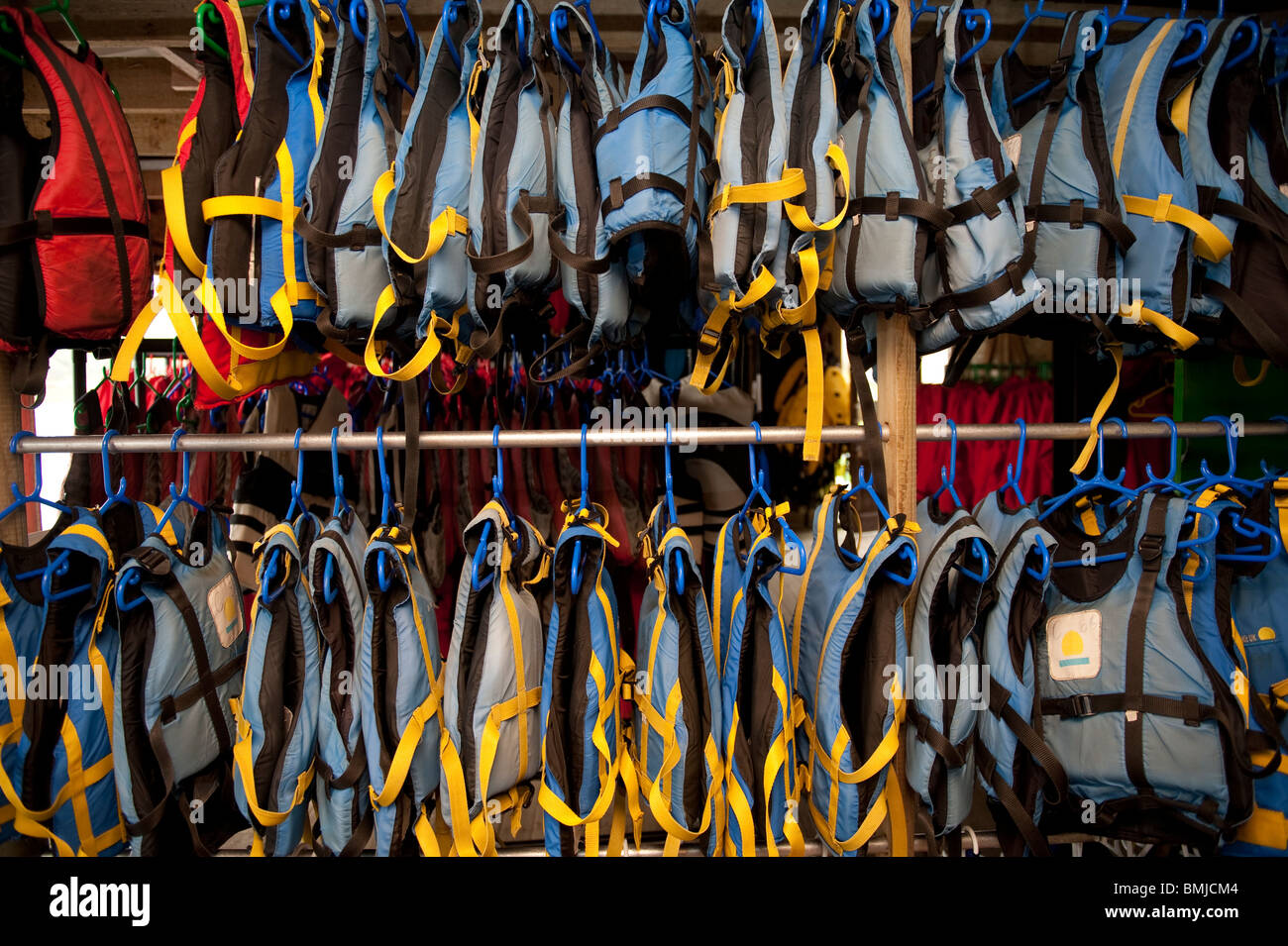 Racks of safety equipment at The Urdd outward bound activity Centre, Glanllyn, Bala lake, Gwynedd North Wales UK Stock Photo