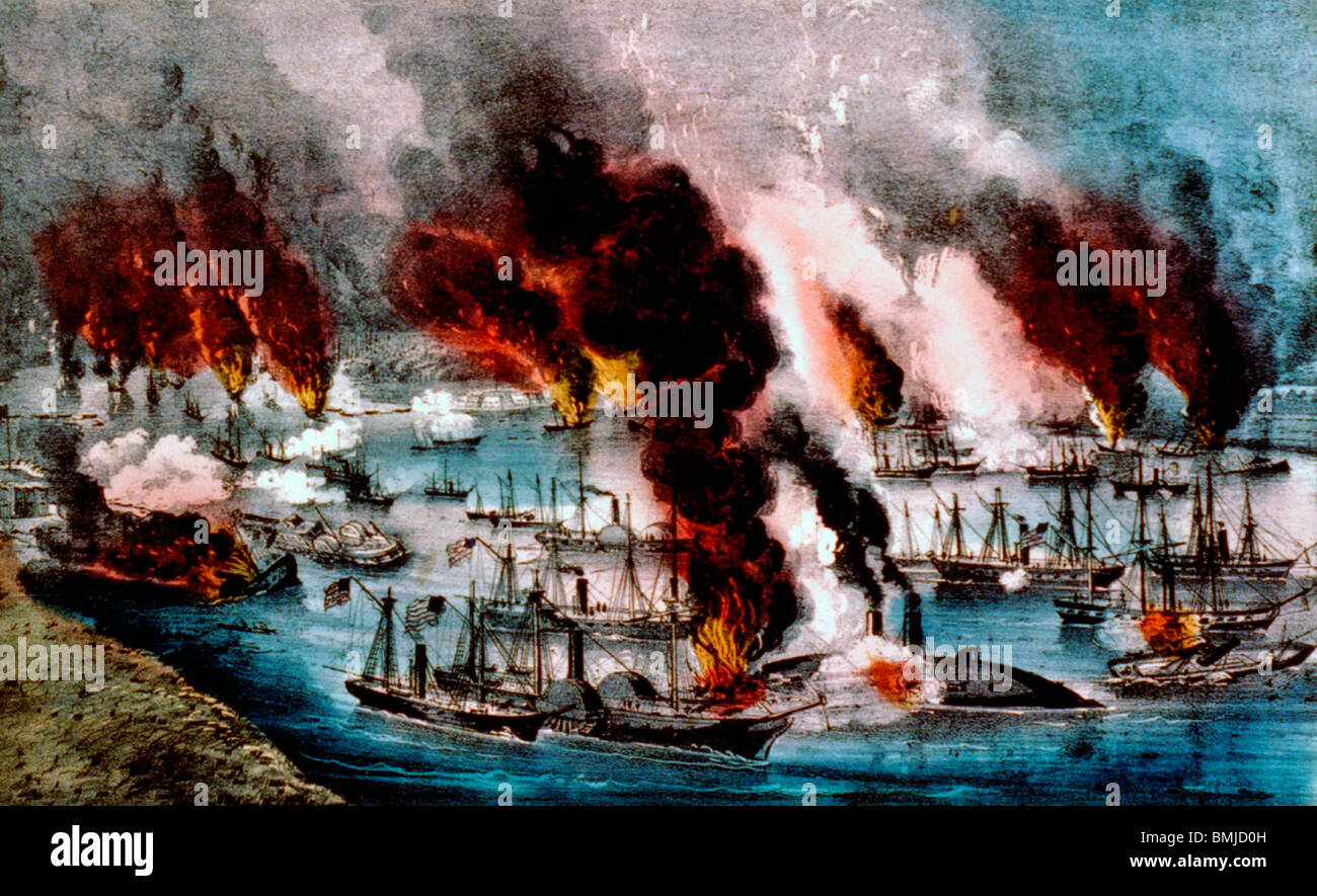Commodore Farragut's fleet, passing the forts on the Mississippi, April 24th 1862 during the USA Civil War Stock Photo