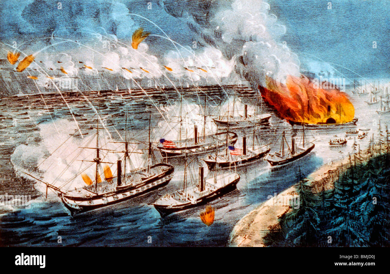 Admiral Farragut's fleet engaging the rebel batteries at Port Hudson, March, 14th 1863 - USA Civil War Stock Photo