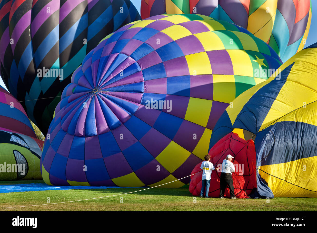Hot air balloons preparing to launch Stock Photo