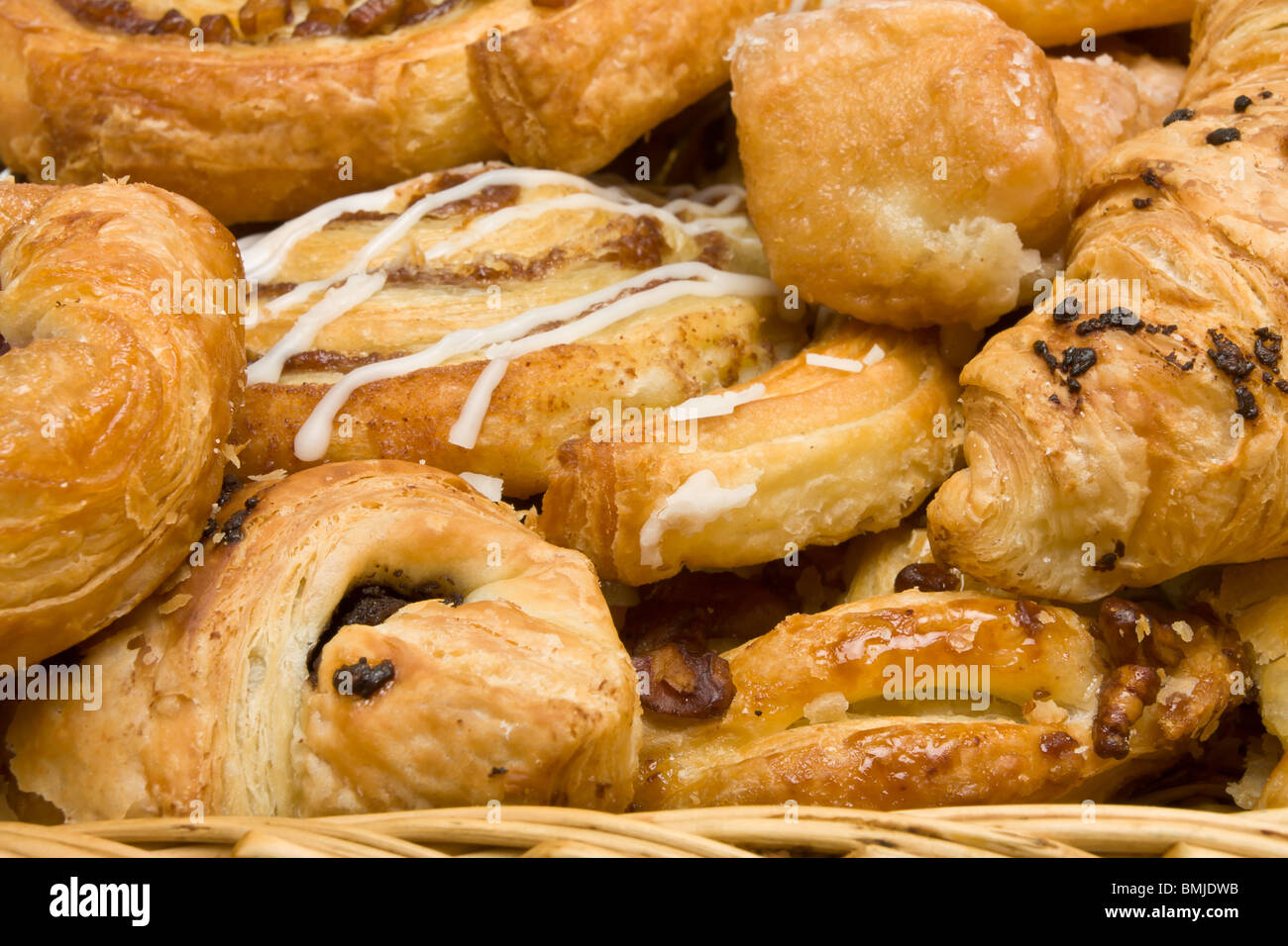 background close up image of French and Danish Puff Pastry treats. Stock Photo