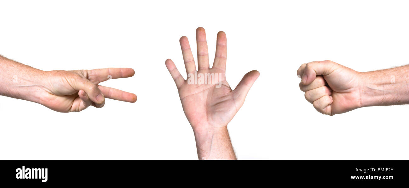 Gambling hand gesture concept of scissors, paper, stone game isolated