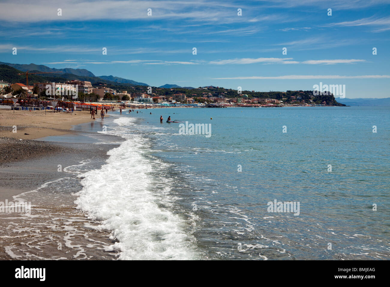 beach scene at Spotorno, Ligurian Riviera, Italy Stock Photo
