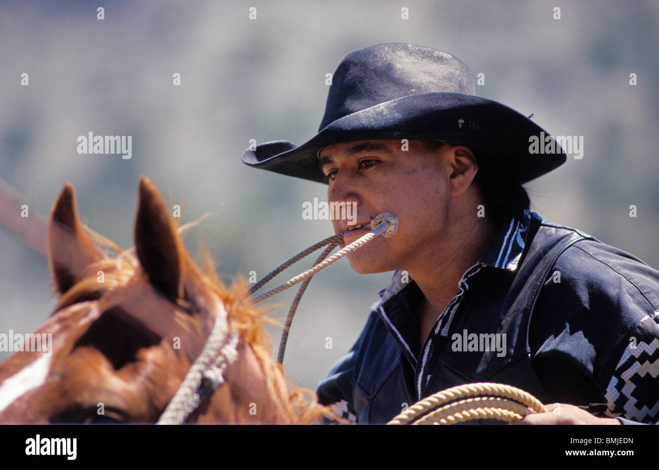 Cowboy ready for calf roping event at Pi-Ume-Sha Treaty Days Celebration all-Indian rodeo Warm Springs Indian Reservation Oregon Stock Photo