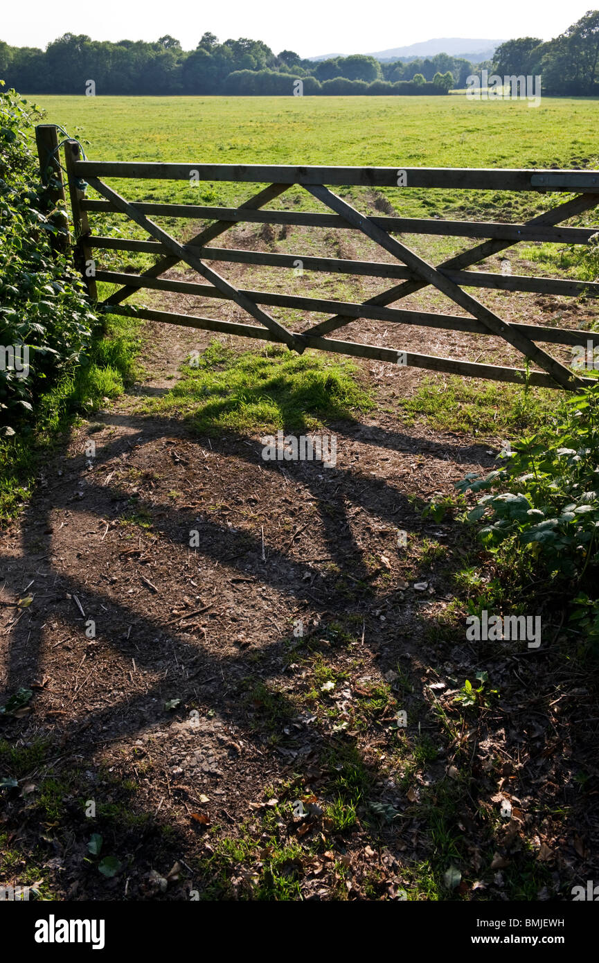 A silhouetted farm gate with a view of an agricultural field and Surrey countryside in the distance Stock Photo