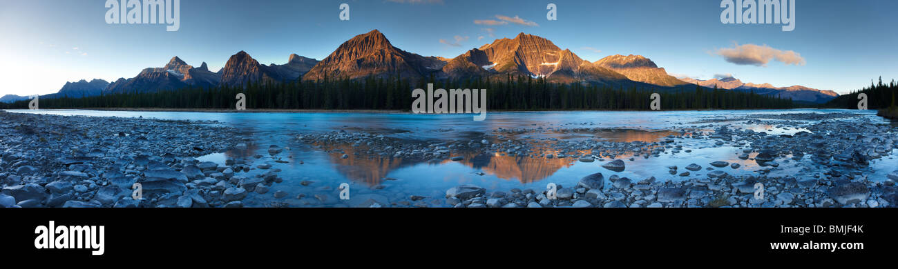 the Athabasca River with Mt Fryatt & Brussels Peak at dawn, Jasper National Park, Alberta, Canada Stock Photo