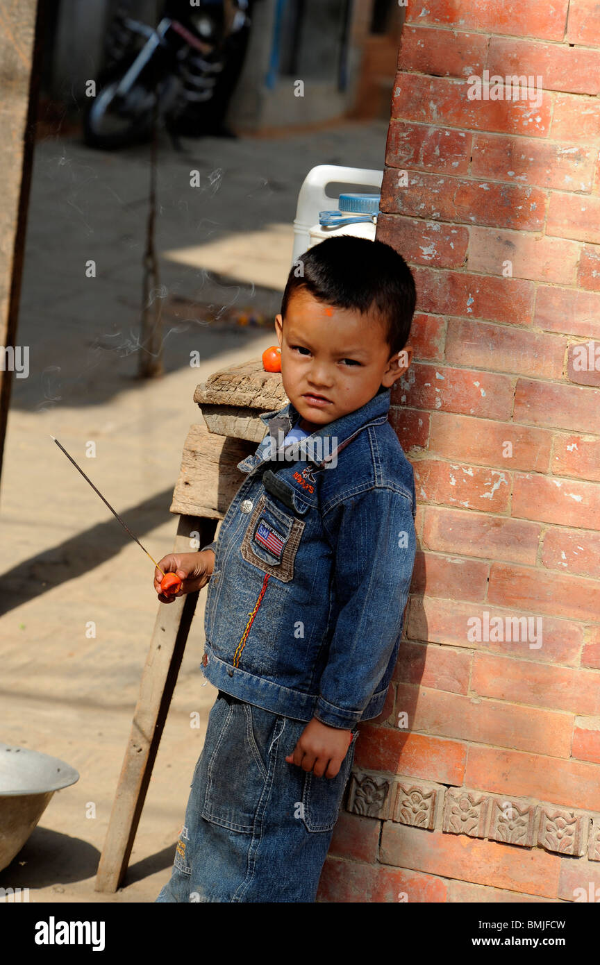 hindu boy posing  during the bisket jatra festival in  Thimi (known historically as Madhyapur) , nepal Stock Photo