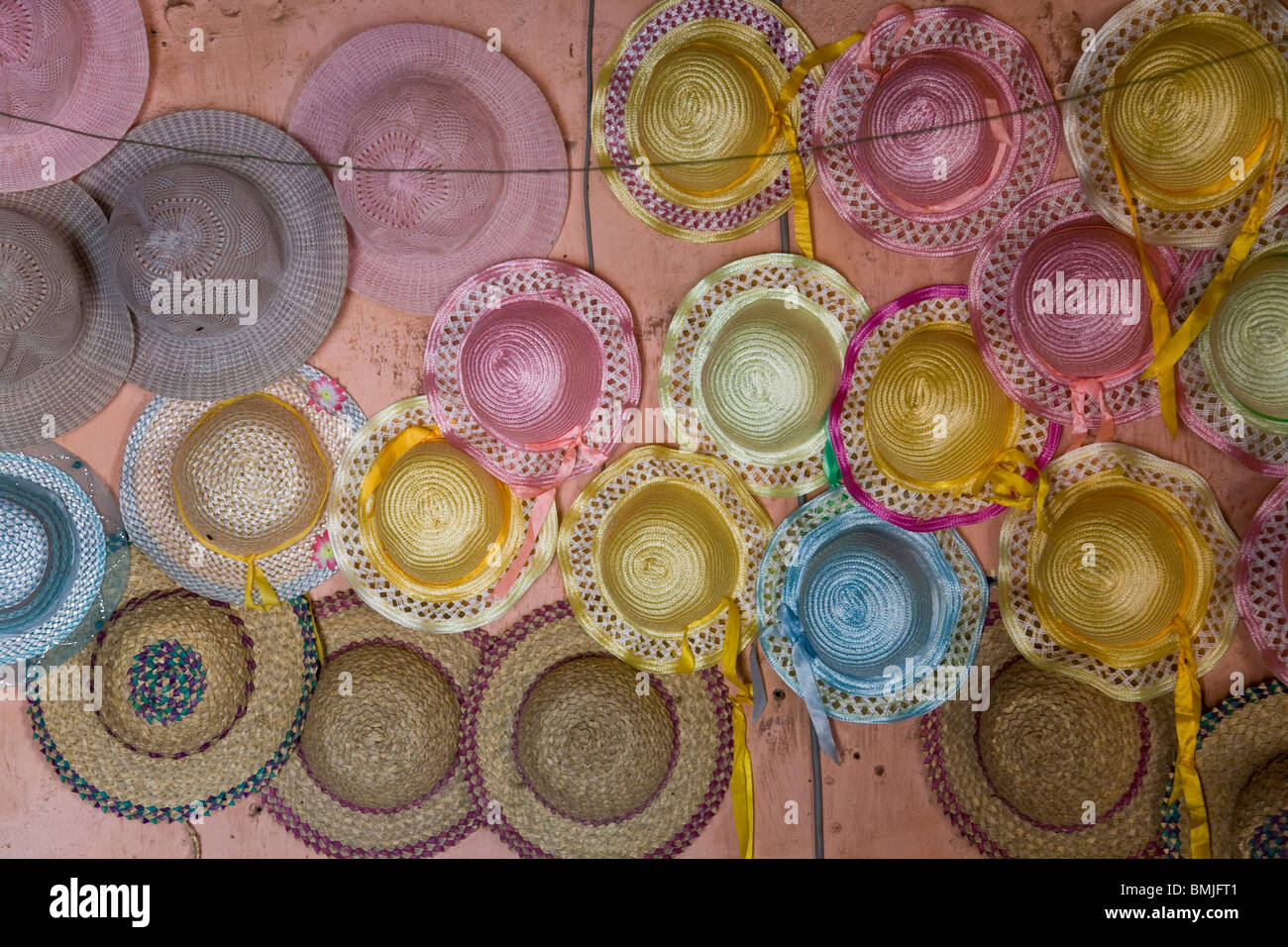 Africa, West Africa, Benin, Ouidah, Temple of the Pythons. Colorful shot of hats for sale in Ouidah, Benin. Stock Photo