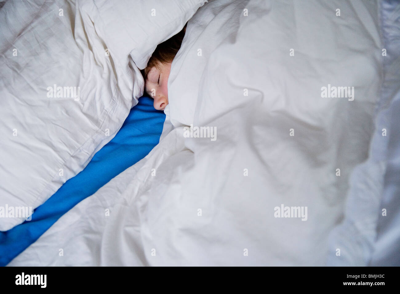 A sleeping boy between white and blue sheets, Sweden. Stock Photo
