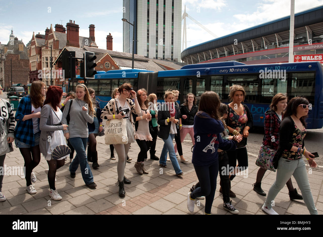 A group of teenage girls visiting Cardiff, the capital city of Wales, UK Stock Photo