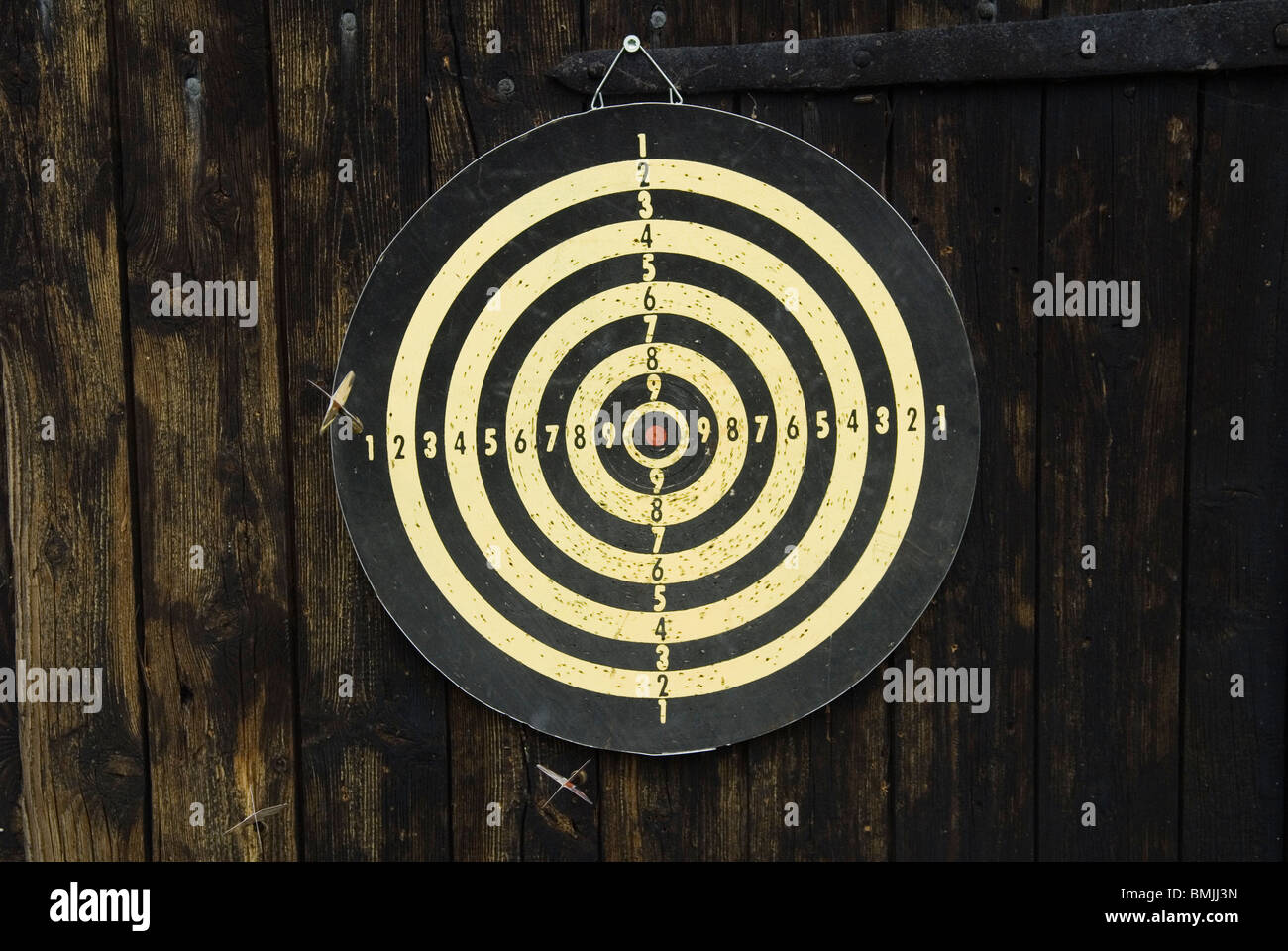 View of dartboard against wooden wall Stock Photo