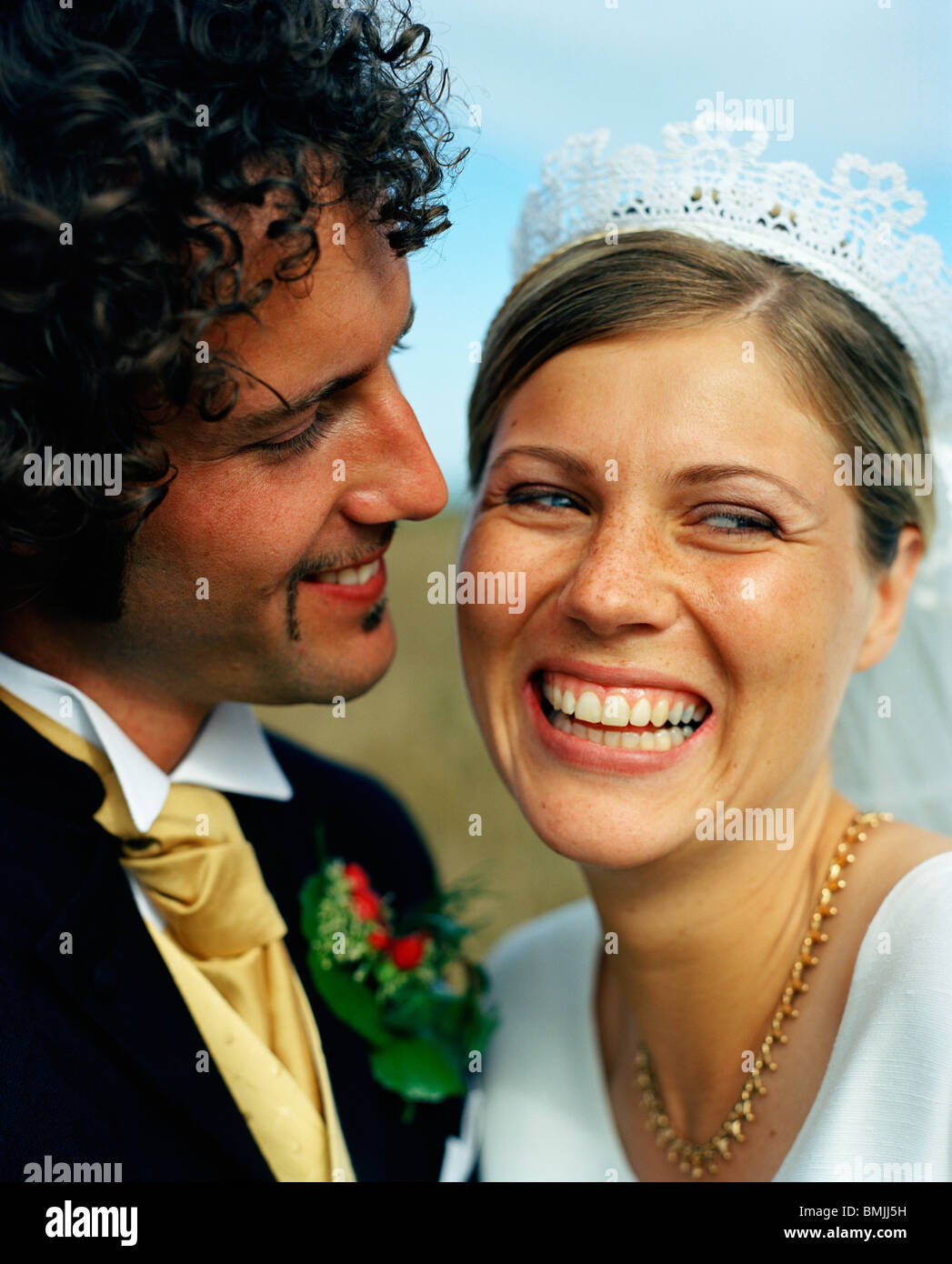 Scandinavia, Sweden, Oland, Groom looking at bride smiling, close-up Stock Photo