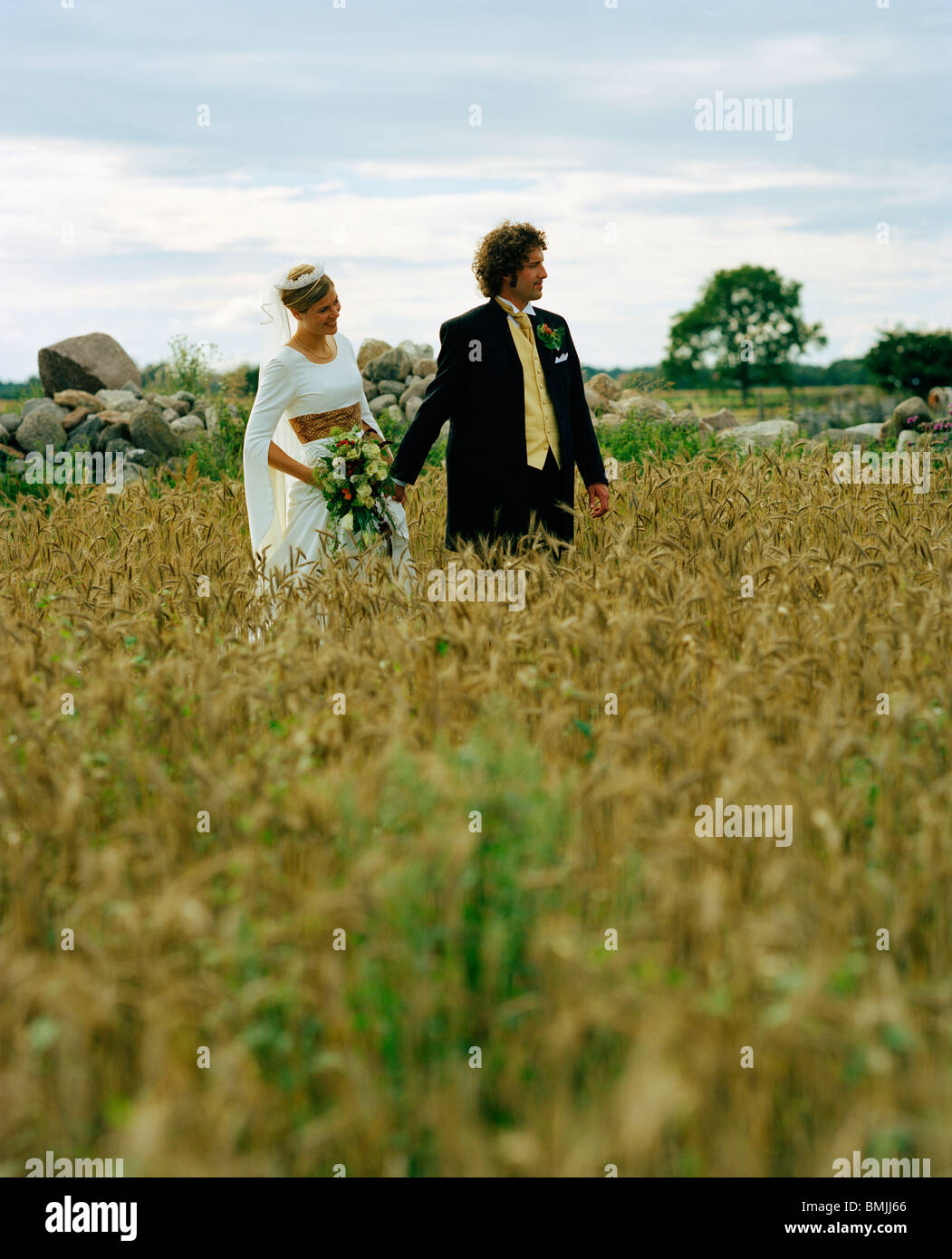 Scandinavia, Sweden, Oland, Bride and groom walking in field Stock Photo