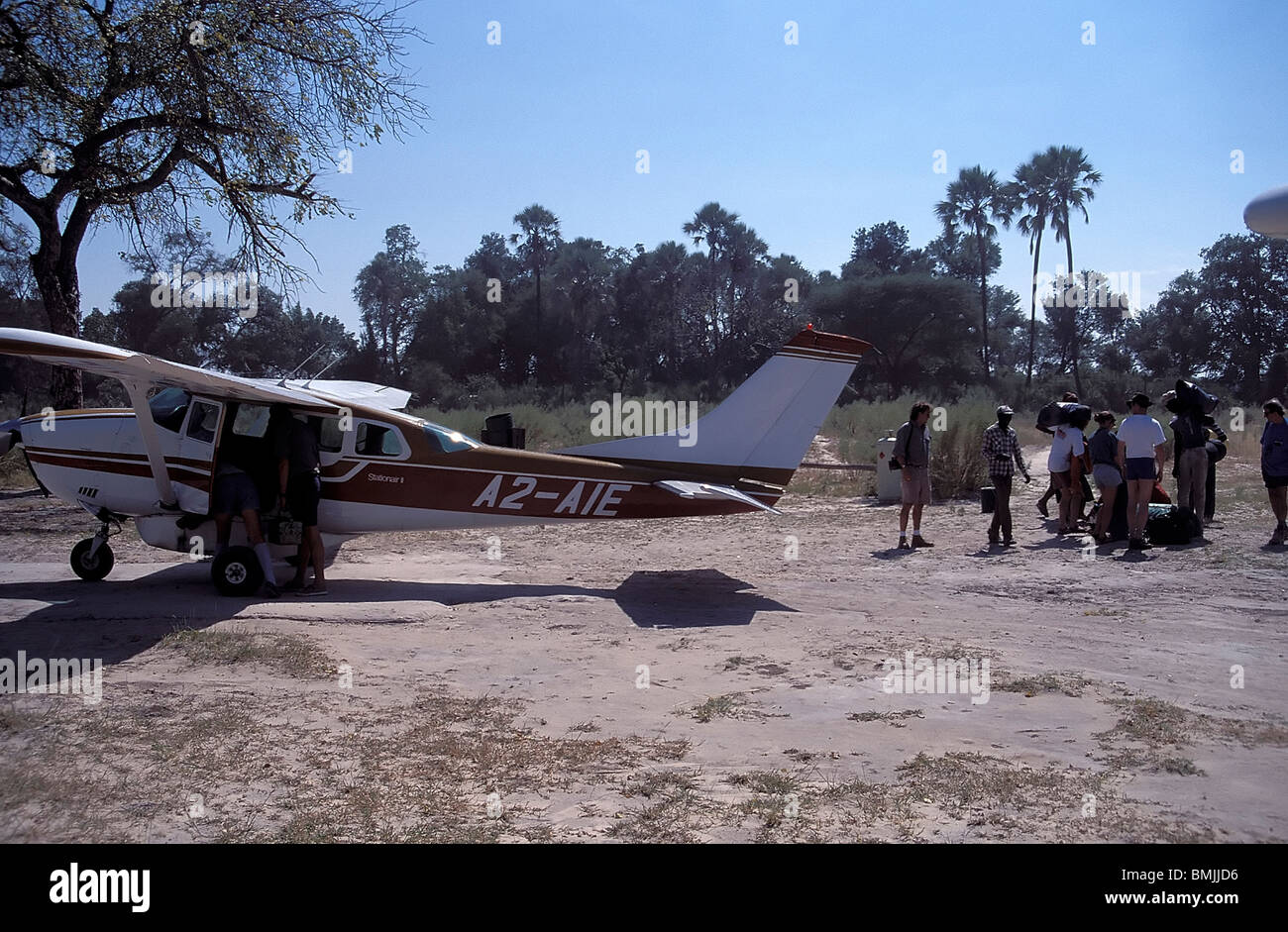 Cessna on the landing strip of Camp Gunn in the Okavango Delta, North-West District, Botswana Stock Photo