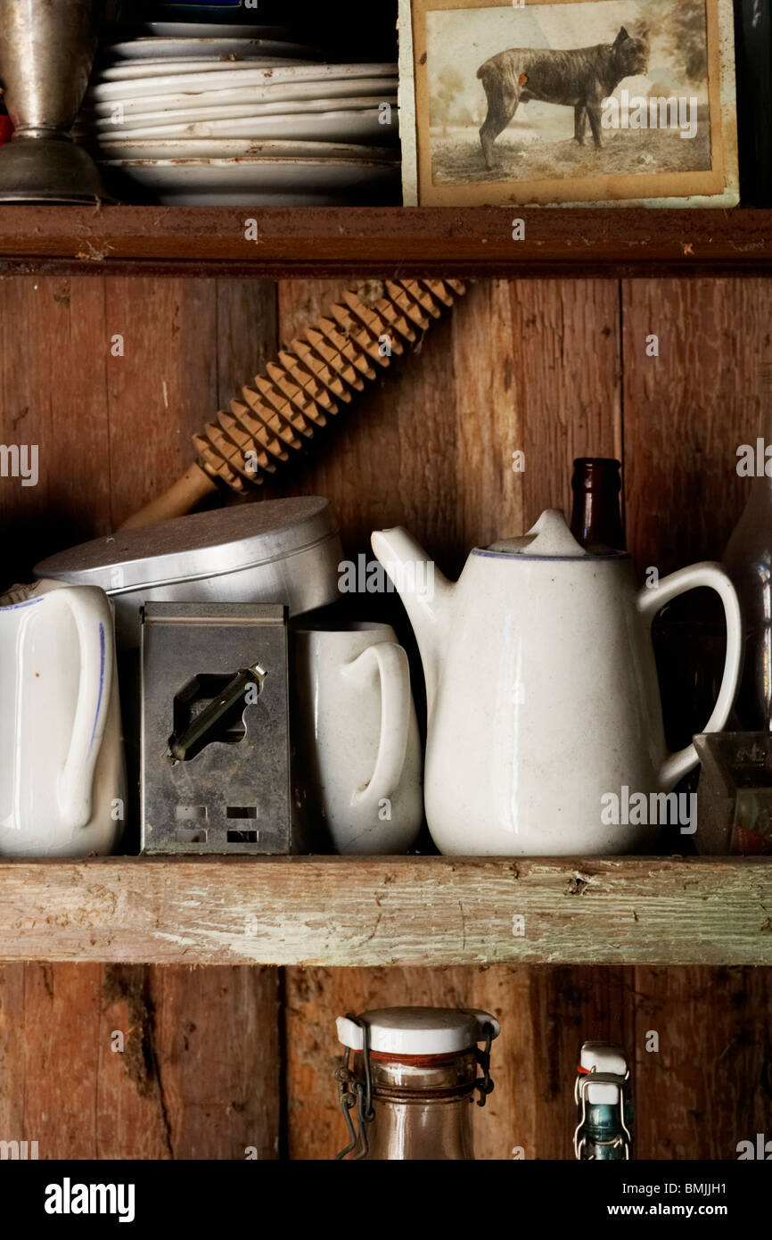 View of old crockery in flea market Stock Photo