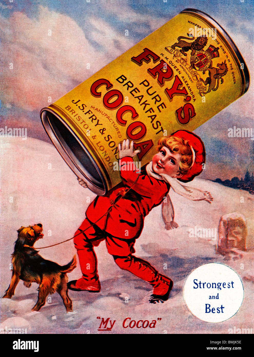 Frys Cocoa, 1920 English magazine advert for the drinking chocolate, tin here carried by a red clothed boy in the snow Stock Photo