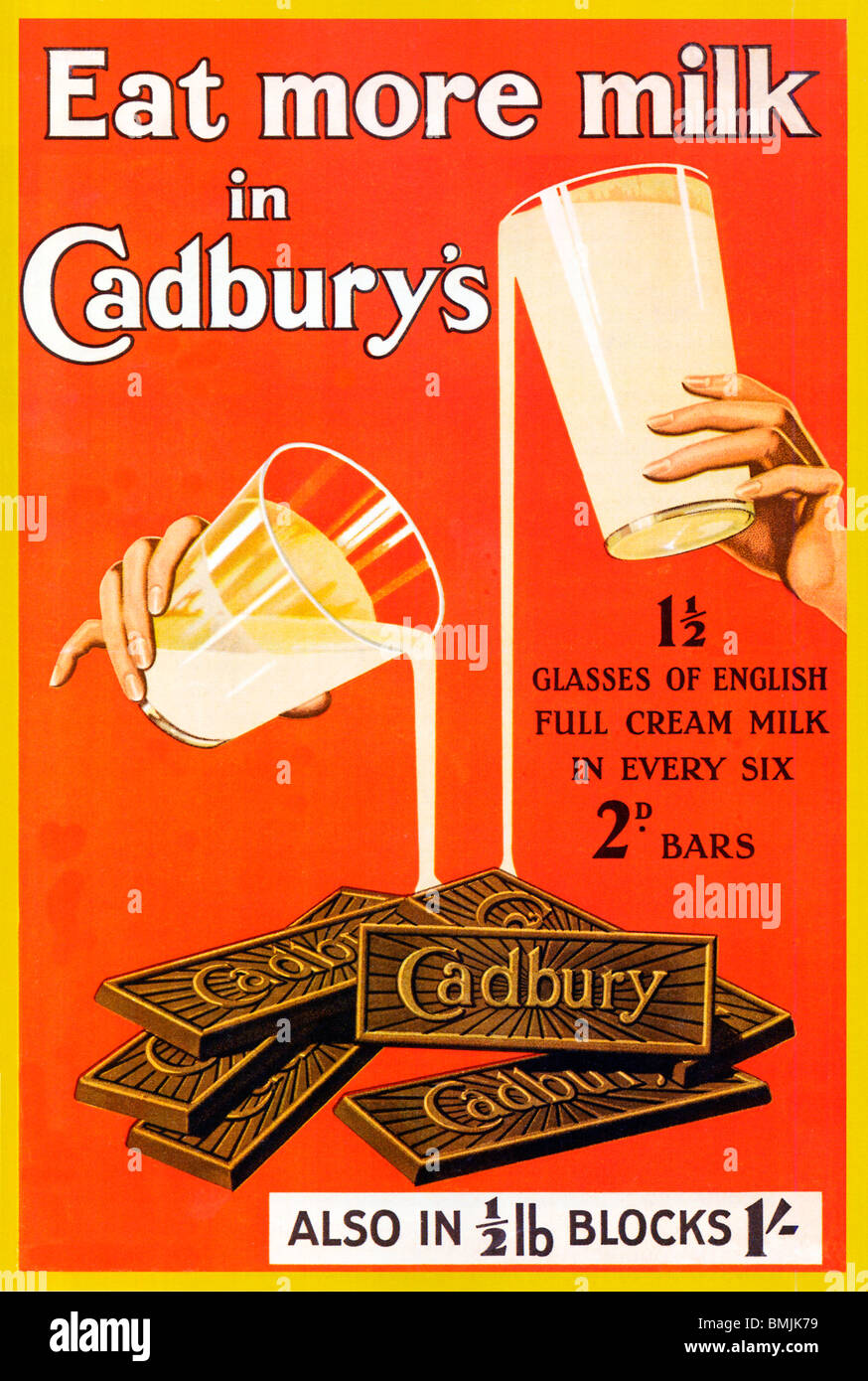 Eat More Milk In Cadburys, 1920s poster for the English chocolate bars and blocks Stock Photo