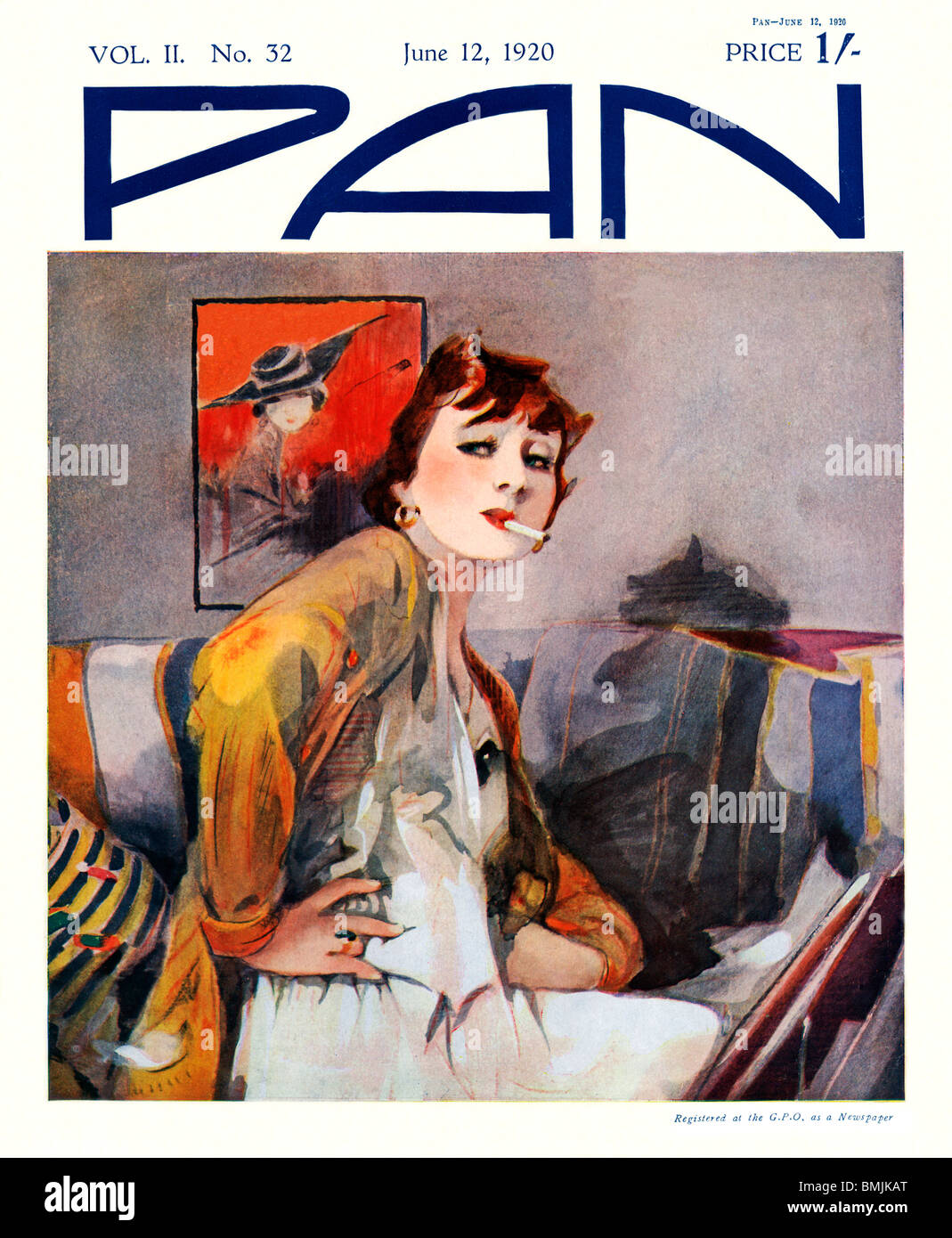 Pan, 12 June 1920, art deco cover of the English literary magazine, a confident girl poses on her couch Stock Photo