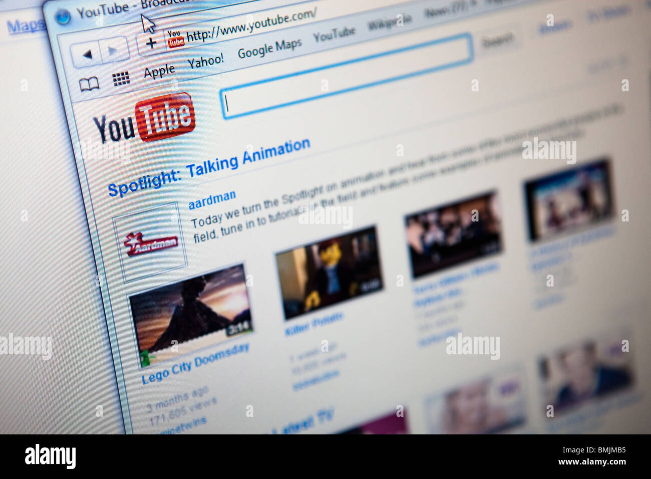 Close up of a computer monitor / screen showing the YouTube website Stock Photo