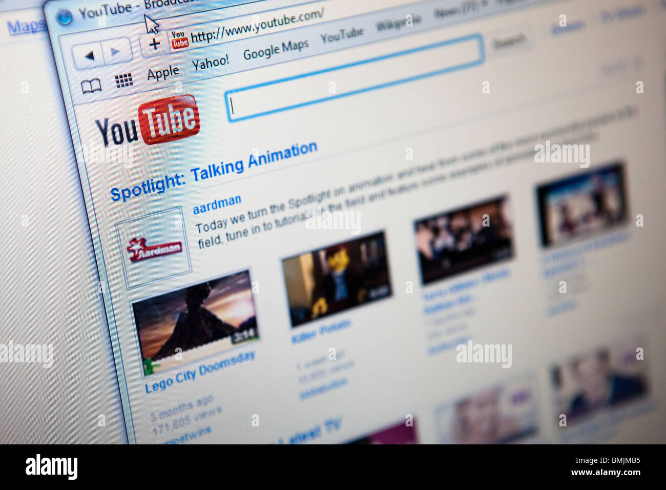 Close up of a computer monitor / screen showing the YouTube website ...