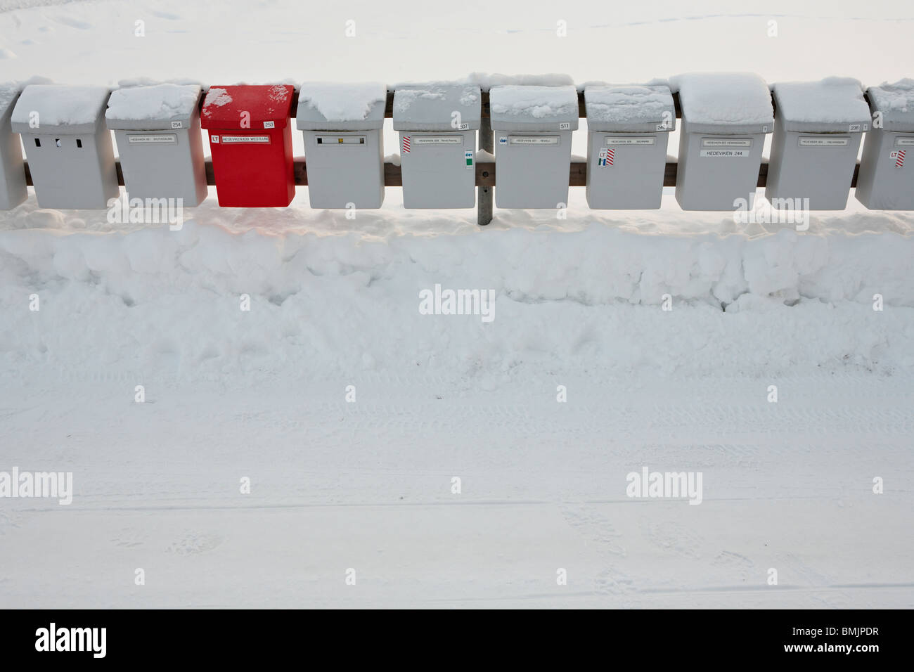 Scandinavia, Sweden, Harjedalen, Vemdalen, View of letterboxes in snow Stock Photo