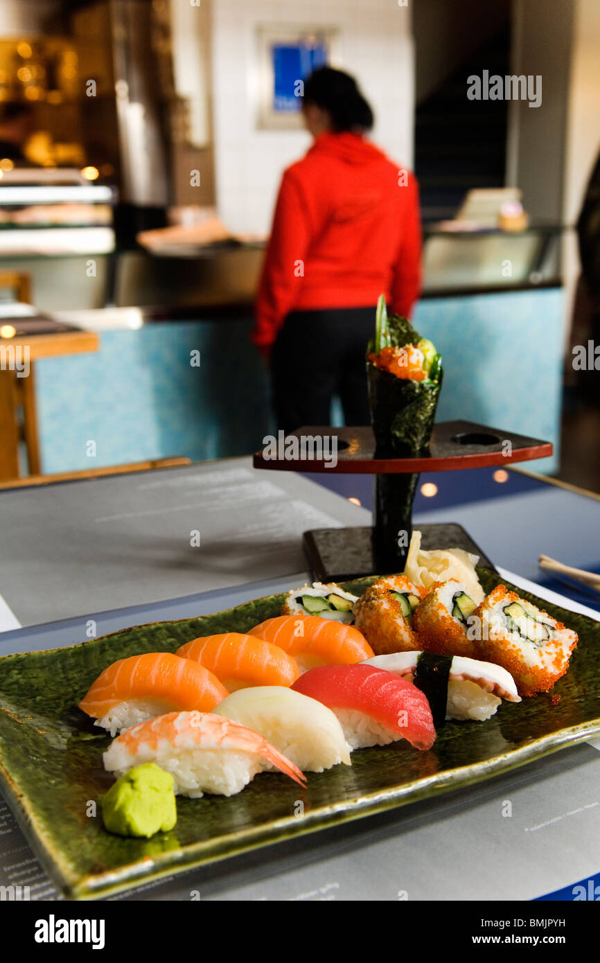 A plate with sushi in a restaurant Stock Photo