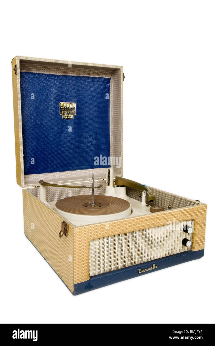 Old vintage Dansette Major record player in blue and cream, from the 1950's and 1960's, as a cut out on white background. Stock Photo