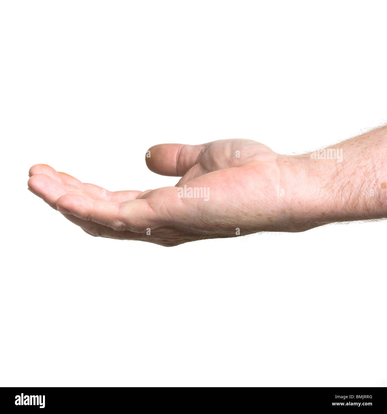 Open Palm hand gesture of male hand isolated against white background. Stock Photo