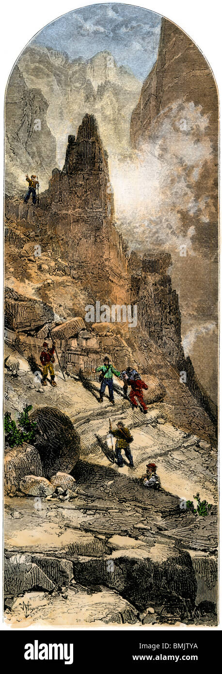 John Wesley Powell's Colorado River expedition climbing out of the Grand Canyon, Arizona, circa 1870. Hand-colored woodcut Stock Photo