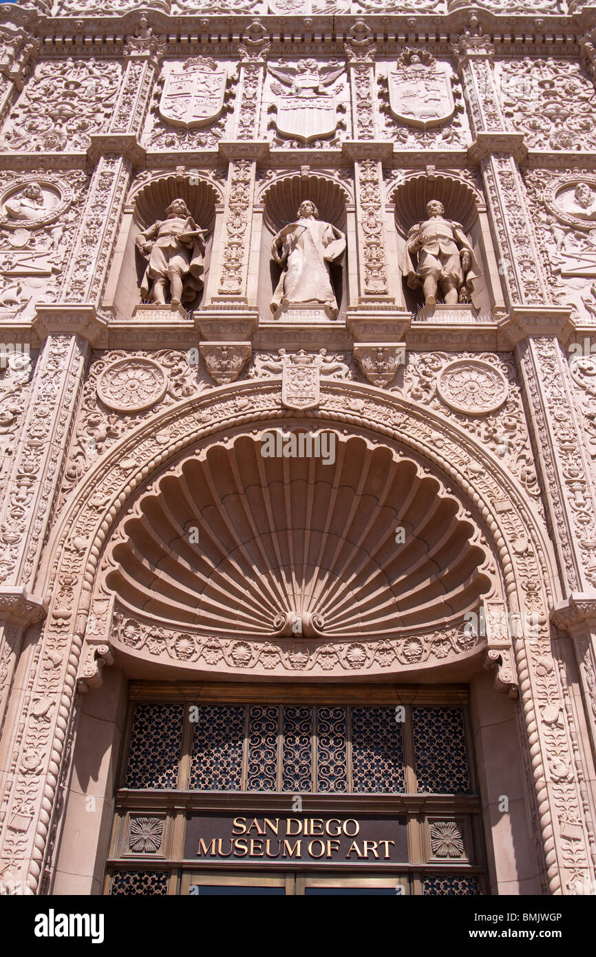 Ornate front facade of San Diego Museum of Art in Balboa Park Stock Photo