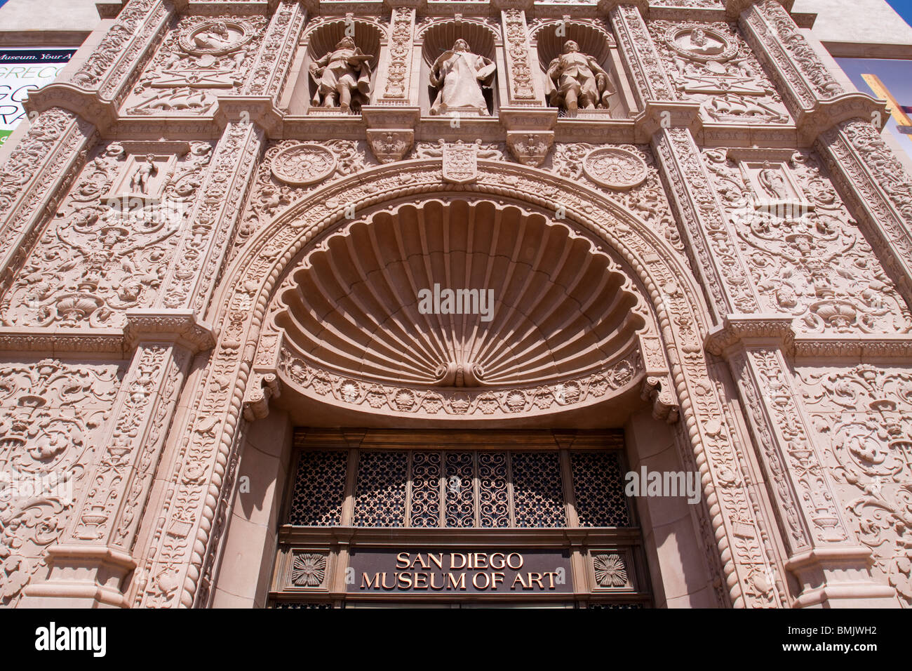 Ornate front facade of San Diego Museum of Art in Balboa Park Stock Photo