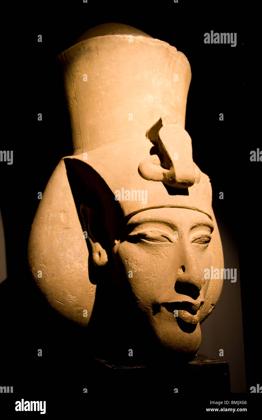 Head of a statue of Akhenaton (Amenhotep IV) on display at the Alexandria National Museum, Alexandria, Al Iskandariyah, Egypt Stock Photo