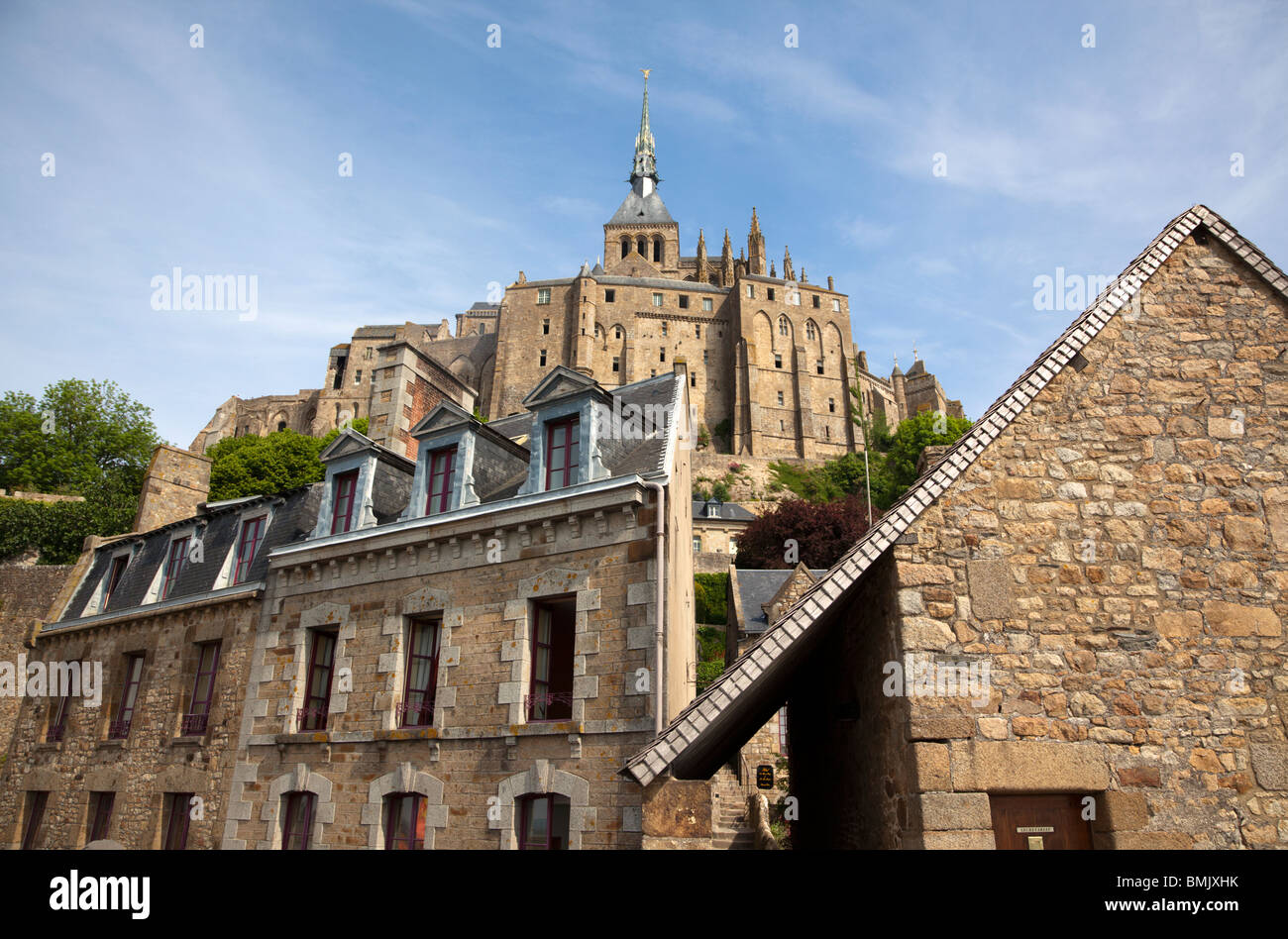 wide angle view of the abbey at Mont St. Michel Stock Photo