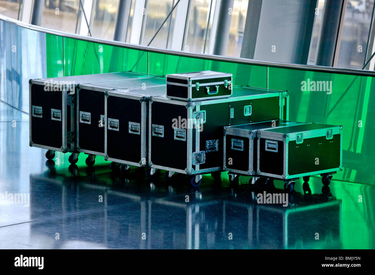 Large flight cases with wheels  in the Sage Gateshead building. Stock Photo