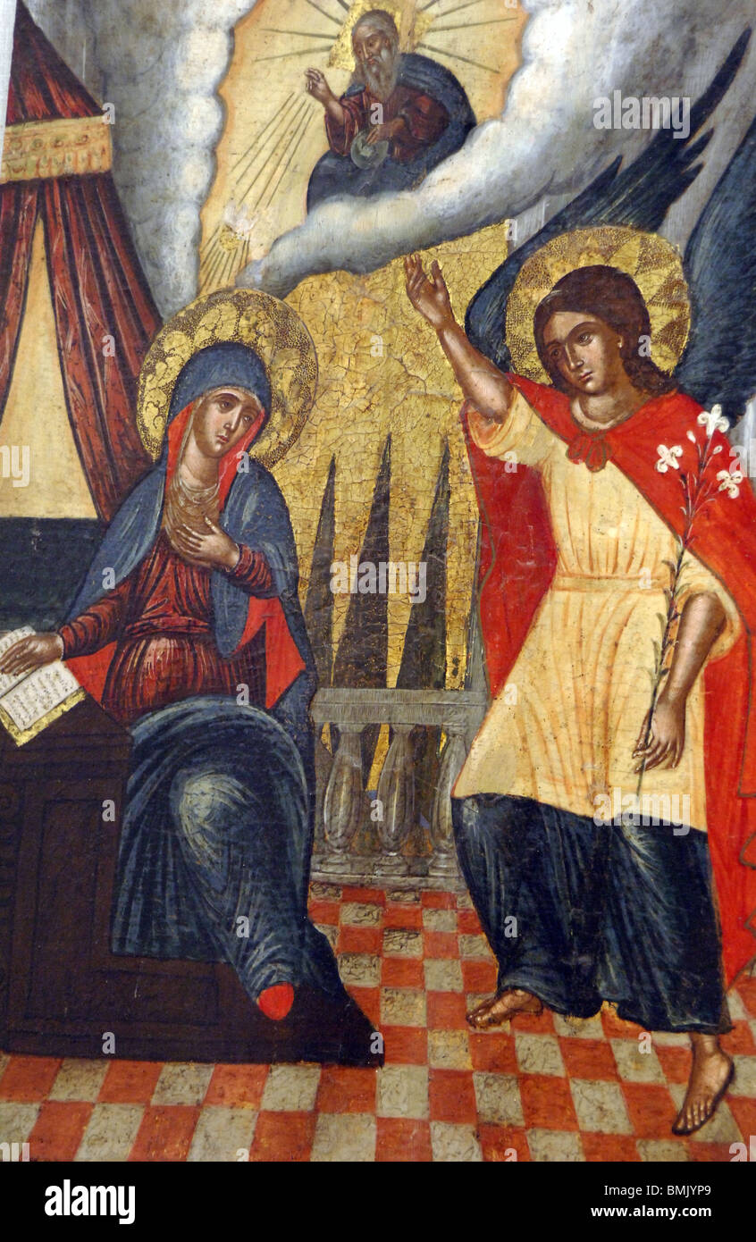 15Ith century icon depicting the Annunciation. Italo-Cretan School. Franciscan Monastery Museum. Dubrovnik. Croatia. Stock Photo