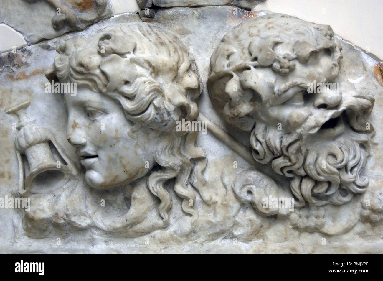Decorative relief carved in marble with Dionysius and Silenus. Museum of Fine Arts. Budapest. Hungary. Stock Photo