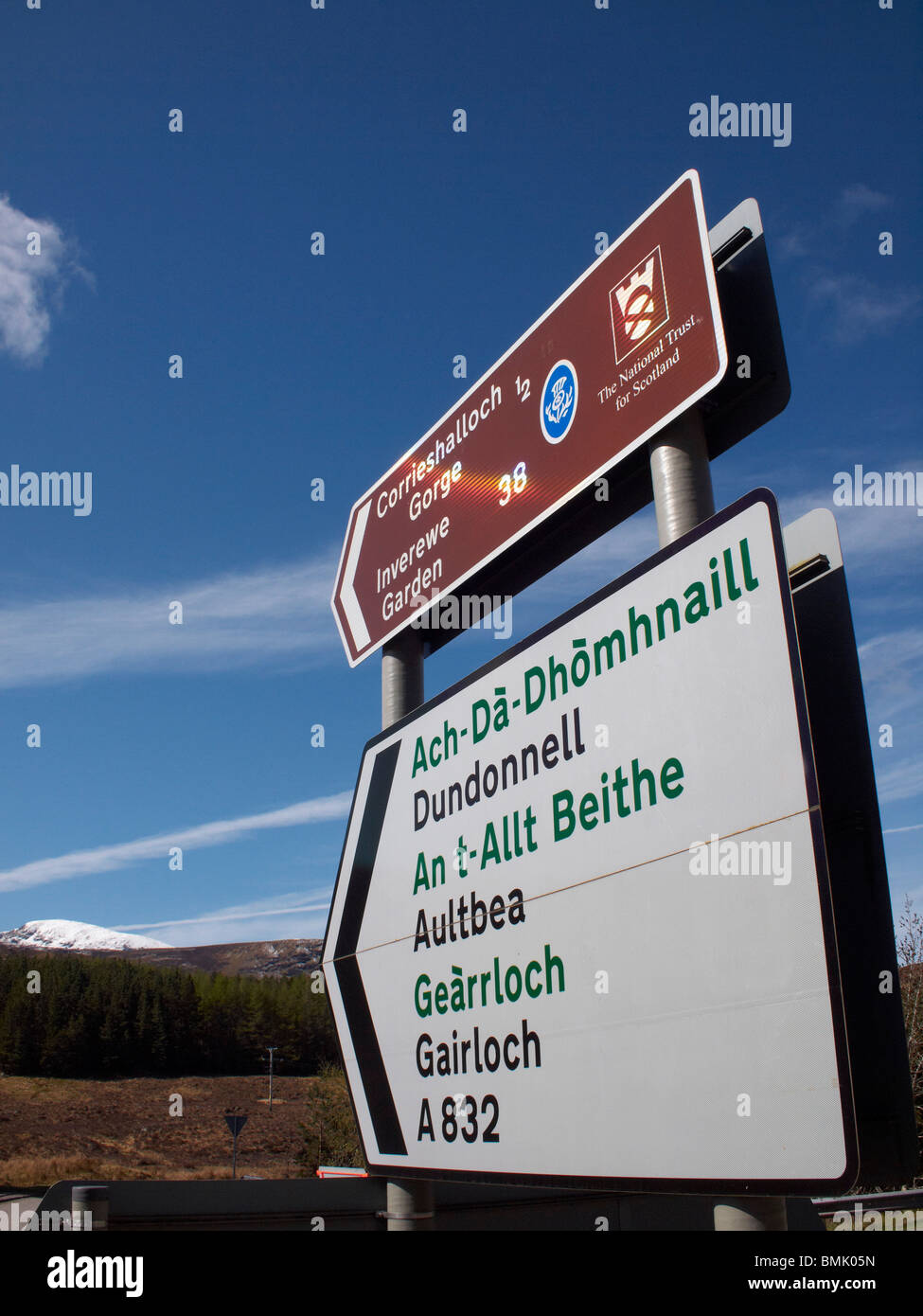 Gaelic Road Signs at Braemore Junction on the A835 between Inverness & Ullapool, Wester Ross, North West Scotland Stock Photo