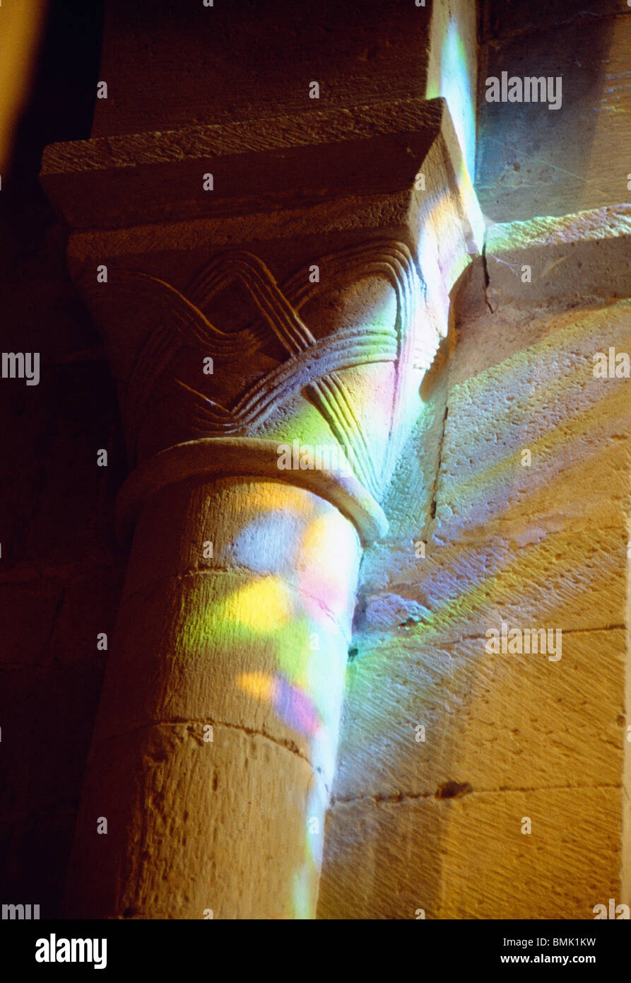 Romanesque chapiter and light effects. Veruela monastery, Zaragoza province, Aragon, Spain. Stock Photo