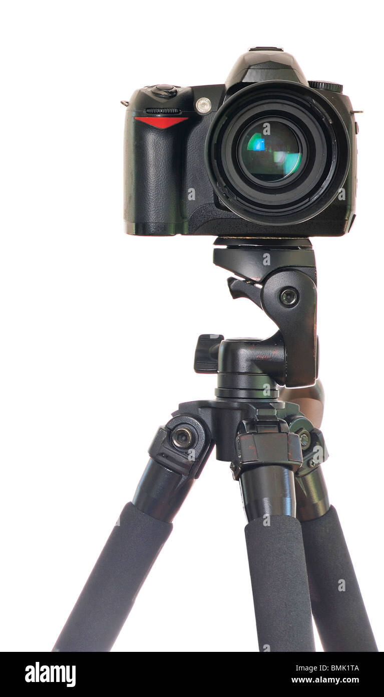 Front view of a camera on a tripod Stock Photo