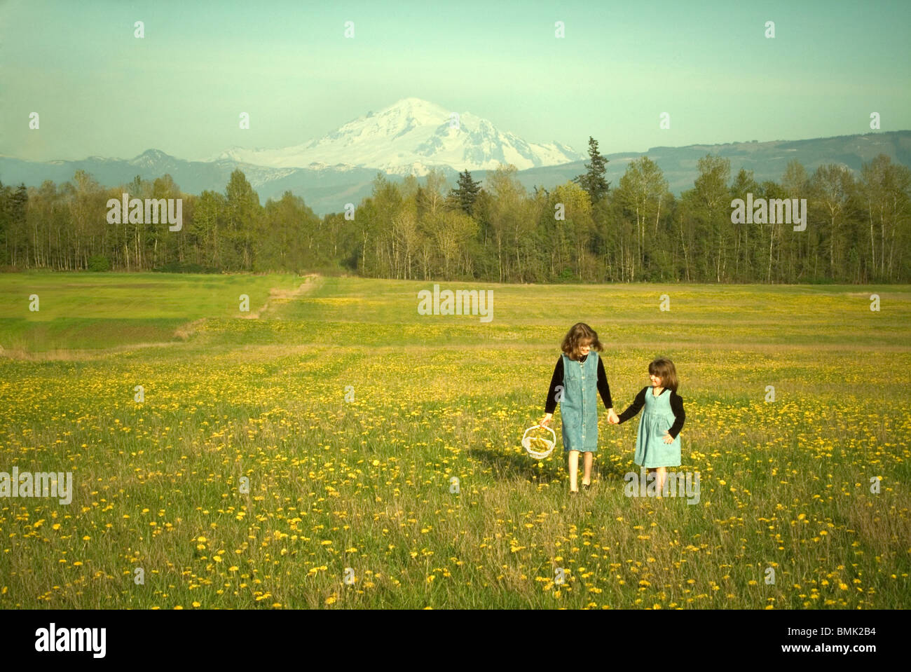 Two girls holding hands while walking through a field Stock Photo - Alamy
