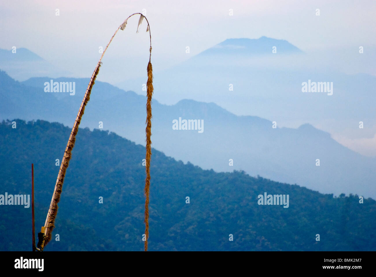 A penjor, or decorative bamboo pole, erected during Galungan, a holy holiday in Bali, Indonesia, swings in the wind. Java behind Stock Photo