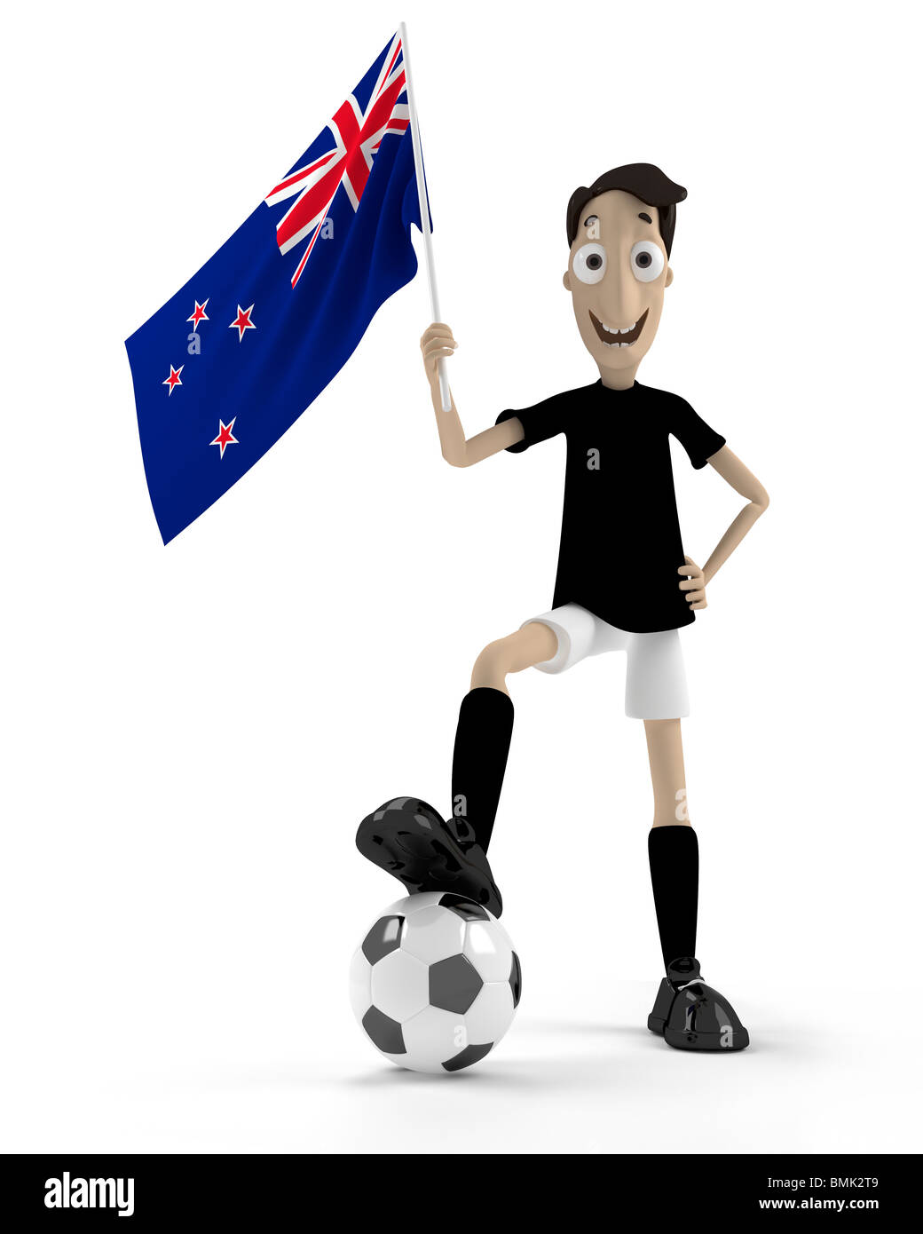 Smiling cartoon style soccer player with ball and New Zeland flag Stock Photo